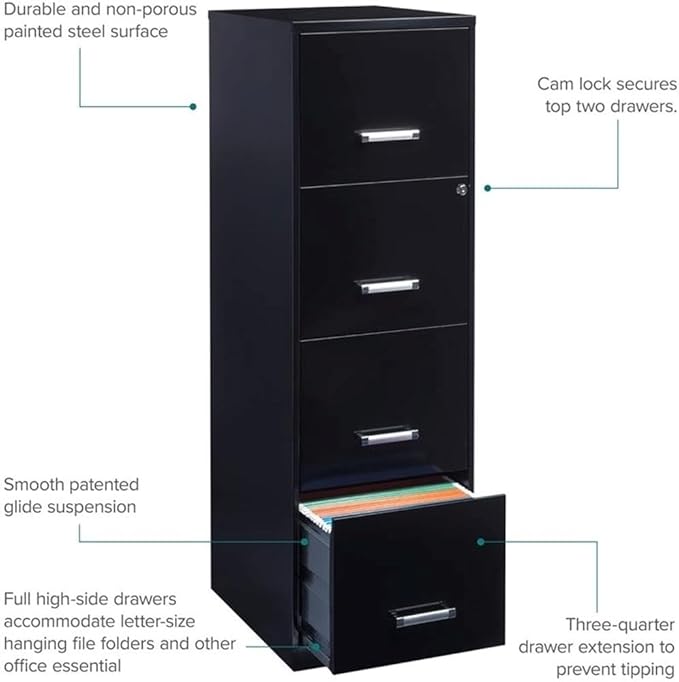 Scranton & Co 18" Deep 4 Drawer Metal Filing Cabinet, Black Finish, Pre-Assembled, Vertical File Cabinet for Letter-Size Documents, Cam Lock Security, Durable Steel Office Storage Solution