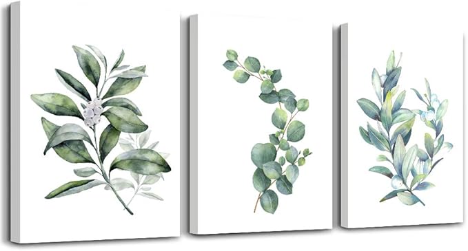 Green leaves Plants Canvas Wall Art for Living Room modern Bathroom Wall Decor for Bedroom Kitchen Home Decorations 3 panel Watercolor painting Canvas Prints Posters Artwork office mural Art works