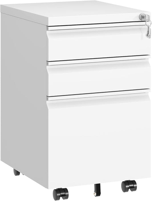 3 Drawer Metal File Cabinet with Lock, Fully Assembled Rolling Filing Cabinet for Home Office, Mobile Under Desk Storage with Wheels, Fits Letter/Legal/A4 Files,White