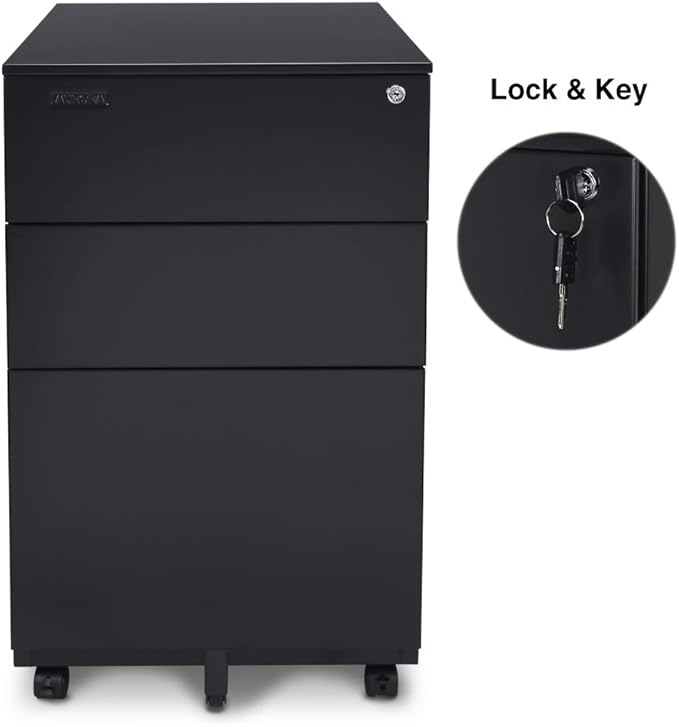 Aurora FC-103BK Modern SOHO Design 3-Drawer Metal Mobile File Cabinet with Lock Key Sliding Drawer, Fully Assembled, Black