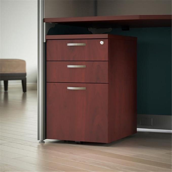 Bush Business Furniture Office in an Hour 3 Drawer Rolling File Cabinet in Hansen Cherry | Mobile Under Desk Drawers for Letter, Legal, and A4-Size Document Storage