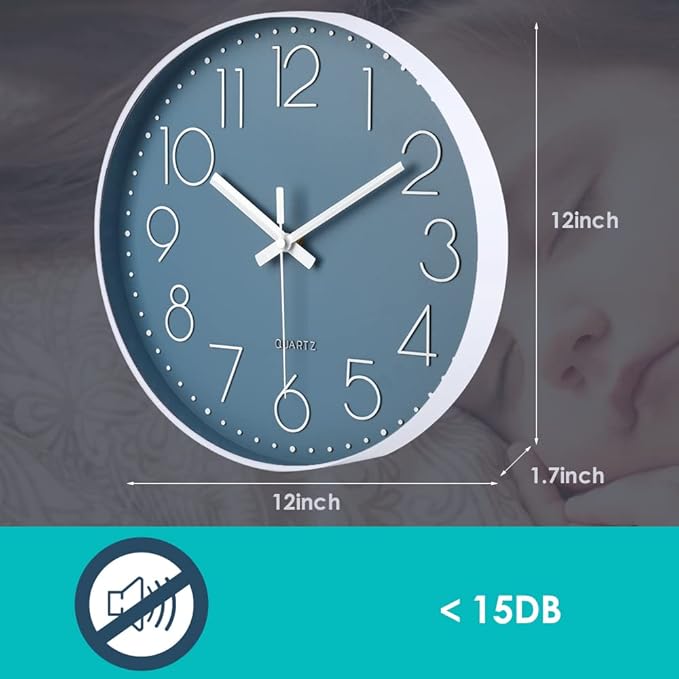 jomparis 12 Inch Silent Non-Ticking Battery Operated Quality Quartz Round Wall Clock Modern Decor Clock for Home Office Bedroom Bathroom(Cerulean/Blue Color)