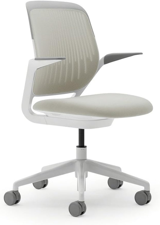 Steelcase Cobi Office Chair: Arms with Soft Arm Caps, White Frame, and Coconut Fabric with Standard Carpet Casters