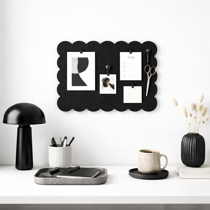 Orelle Scalloped Felt Bulletin Board | 23 X 15” | Foldable Peel and Stick Felt Board for Wall | Alternative Cork Board for Office, Message Board, Kids Art Display | Black
