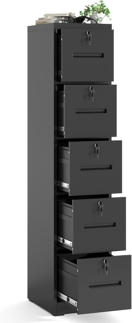 5 Drawer File Cabinet with Lock,Vertical Filing Cabinet with 5 Lockable Drawers,Black Metal File Cabinet for Home Office Steel File Cabinets for A4/Letter/Legal Size File,Assembly Required