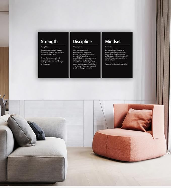 Inspirational Poster Strength Discipline Mindset Noun Motivational Wall Art 3 Pieces Canvas Prints Artwork for Living Room Modern Home Decor Painting Pictures Framed Ready to Hang[48''Wx 24''H]