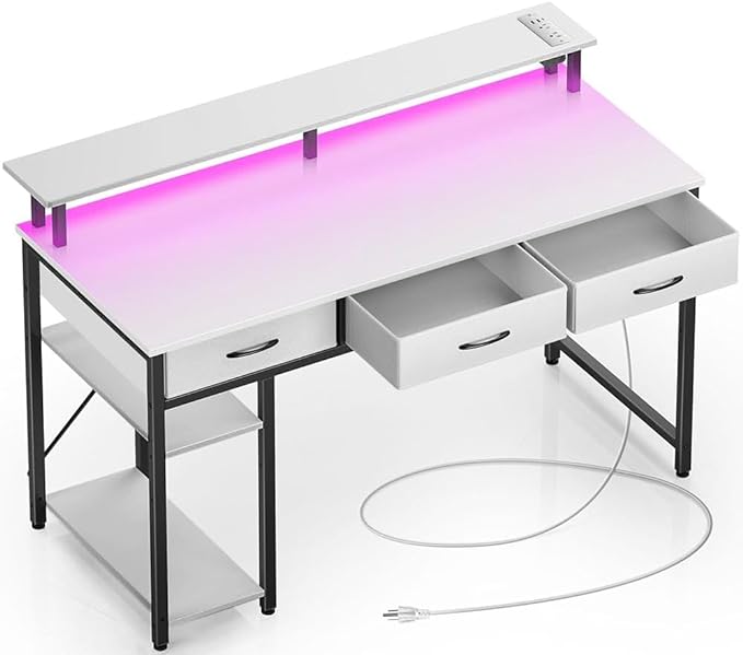 Rolanstar Computer Desk with Power Outlets & LED Light, 47 inch Home Office Desk with Drawers and Storage Shelves, Writing Desk with Monitor Stand, Modern Work Study Desk for Home Office, White