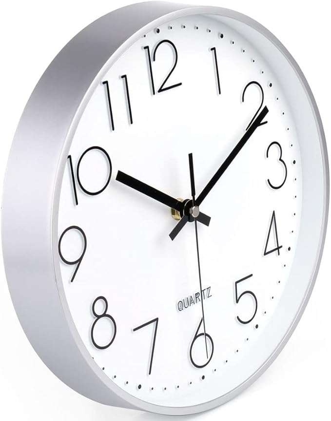 jomparis 10 Inch Silver Wall Clock Battery Operated Silent & Non-Ticking Wall Clock for Home Office Bathroom
