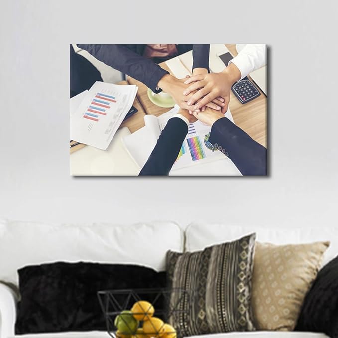 Wall Art For Office Hands Stack of Teamwork Holding Hands Together Over Conference Table 1 Panel Inspirational Wall Art Positive Modern Decor Poster Canvas Print (16"Wx24"H)