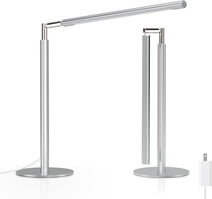 Silver LED Desk Lamp, 16" Dimmable Metal Desk Light with Base, 15W 1200LM, Adapter Included, Color & Brightness Adjustable, Modern Tall Table Lamp for Home Office Reading Study Task Laptop
