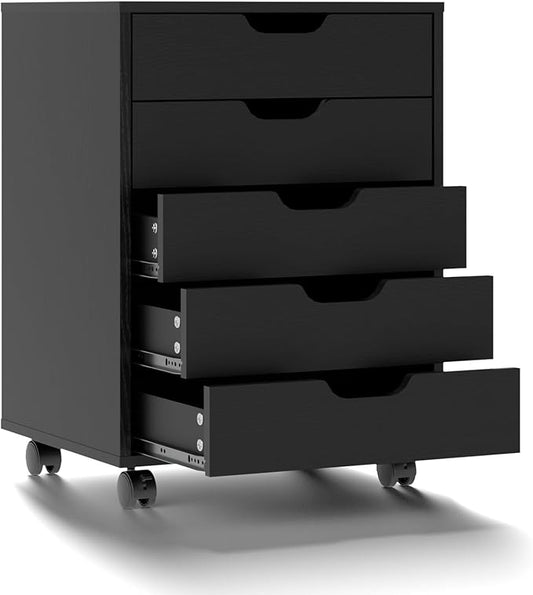 VINGLI 5 Drawers Mobile File Cabinet with Wheels, Under Desk Storage Organization, Vertical Filing Chest Rolling Wood Small Desk Printer Stand for Home Office, 19" W × 15.8" D × 25.6" H, Black