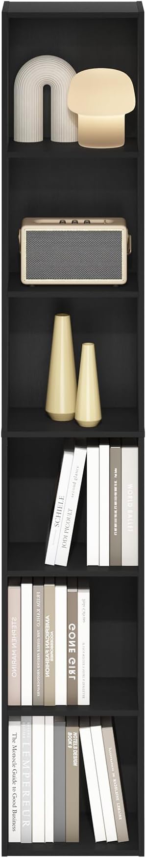 Furinno PASIR Book Shelf, 6-Tier Bookcase, Tall Standing Bookshelf, Open Storage Shelf, 9.4 x 12 x 71 Inches, for Home Office, Living Room, Darkwood