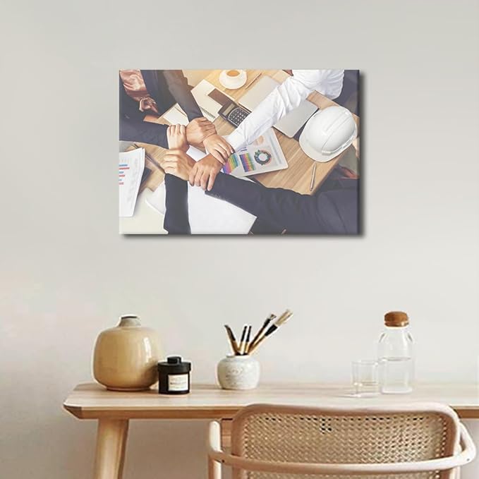 1 Panel Canvas Wall Art Businessman and Engineer Working Hands of Business People Joined Hands Together In Office Meeting Picture Modern Decor Poster Canvas Print Frame Ready To Hang (12"Wx18"H)