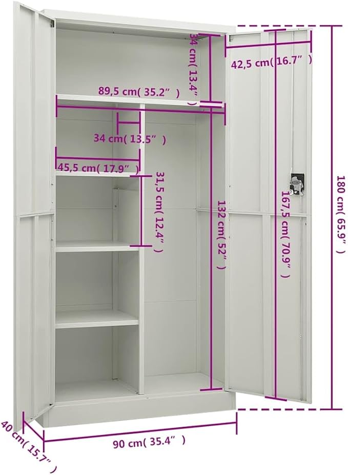 vidaXL Locker Cabinet, Lockable File Cabinet with 2 Doors and 4 Shelves, Locking Cabinets for Office Home Gym School, Industrial, Light Gray Steel