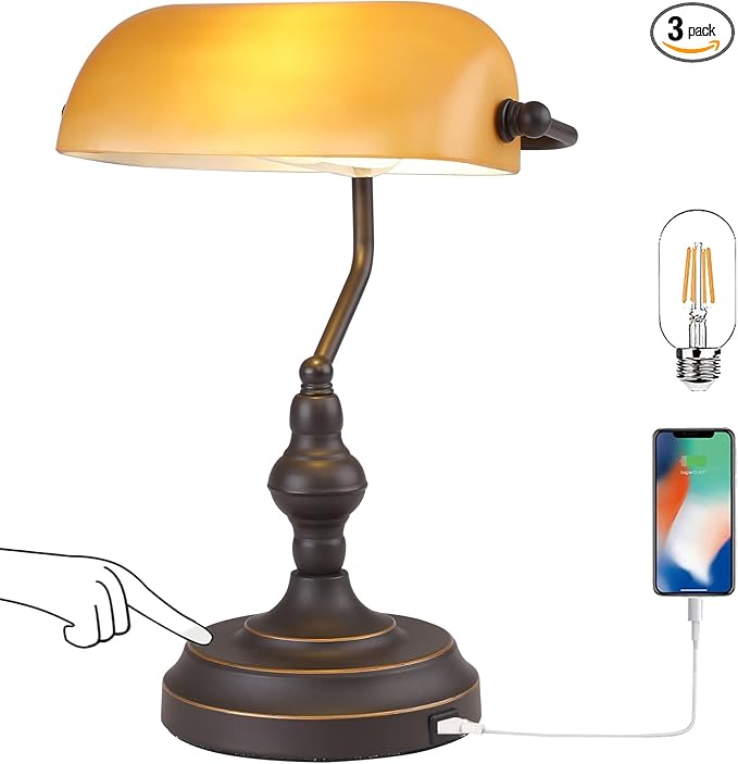 Banker Desk Lamp Touch Control, Vintage Banker's Desk Lamp with USB Port, 3 Way Dimmable Desk Lamps, Farmhouse Library Lamp Oil Rubbed Bronze for Office, Study Room