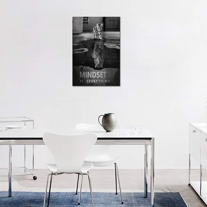 Inspirational Wall Art Posters Mindset is Everything Canvas Painting Small Cat Big Tiger Pictures Print Poster Artwork Wooden Home Decor for Living Room Bedroom Office Framed Ready to Hang - 24x36 in