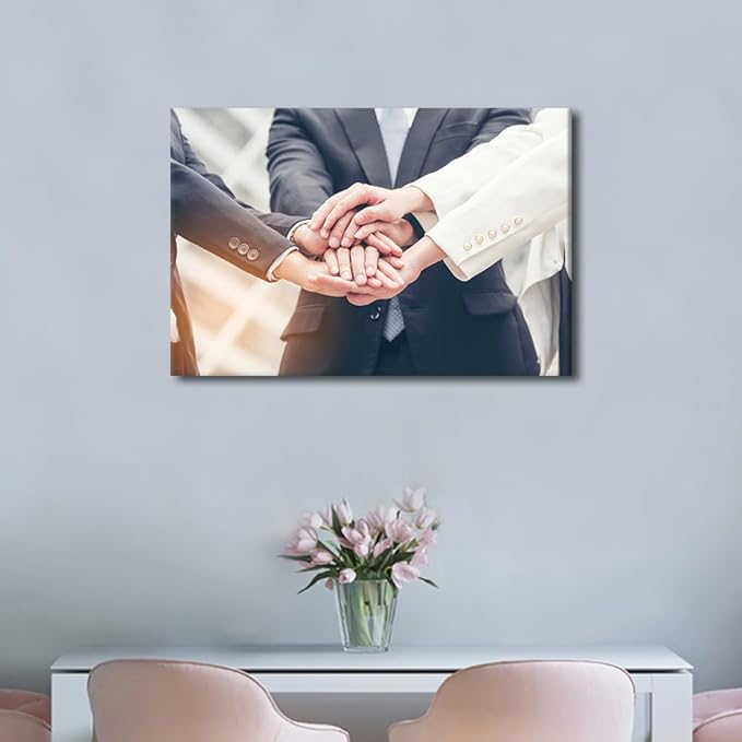 TUMOVO Wall Art For Office Business Teamwork Concept Pictures 1 Panel Stacked Hands Gesture Poster Inspirational Wall Art Positive Modern Decor Poster Canvas Print (16" Wx24 H)