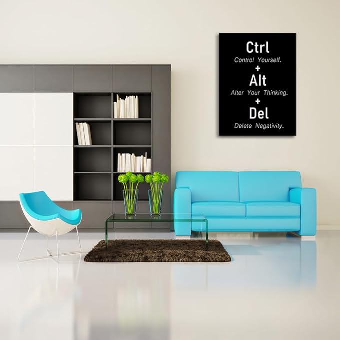 Inspirational Canvas Poster CTRL ALT DEL Signs Motivational Wall decor Printed Artwork Positive Quotes For Office School Living Room Framed [24" W X 36" H]