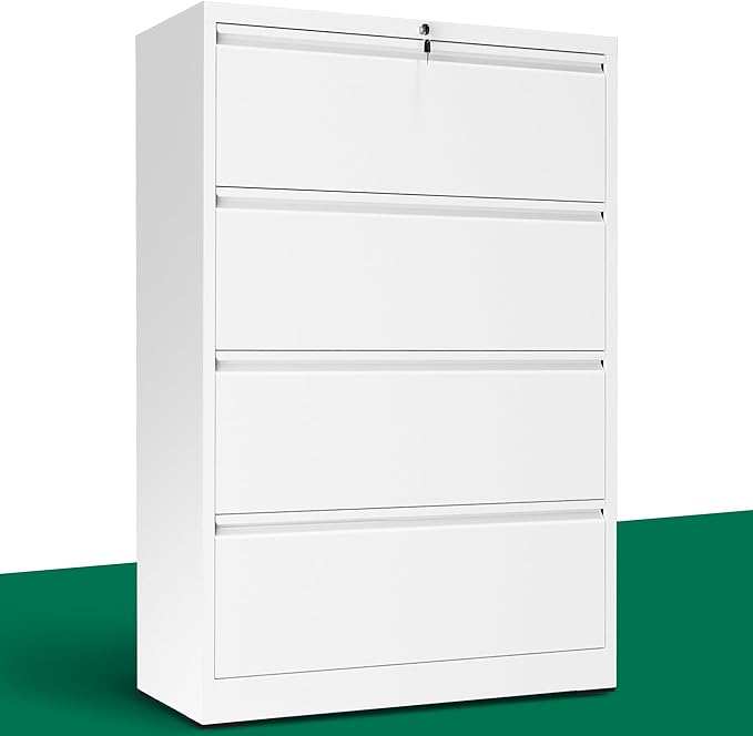 Lateral File Cabinet 4 Drawer, Metal File Cabinets for Home Office Legal/Letter A4 Size, File Cabinet with 4 Lock, Require Assembly, White