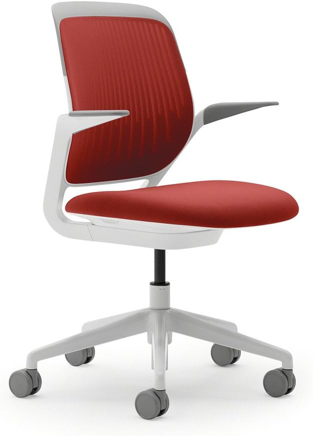 Steelcase Cobi Office Chair: Arms with Soft Arm Caps, White Frame, and Scarlet Fabric with Standard Carpet Casters