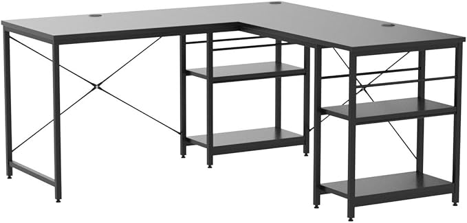 Bestier 95.2” L Shaped Desk, Reversible Corner Computer Desk or 2 Person Long Table with Adjustable Shelves, Large Writing Study Workstation with 3 Cable Holes - Black