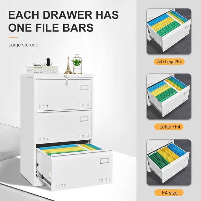GREATMEET 3 Drawer Lateral File Cabinet,Storage Large File Cabinets,White File Cabinet 3 Drawer for Home Office,Metal Lateral Filing Cabinet for Letter/Legal/F4/A4 Size,Easy Assemble