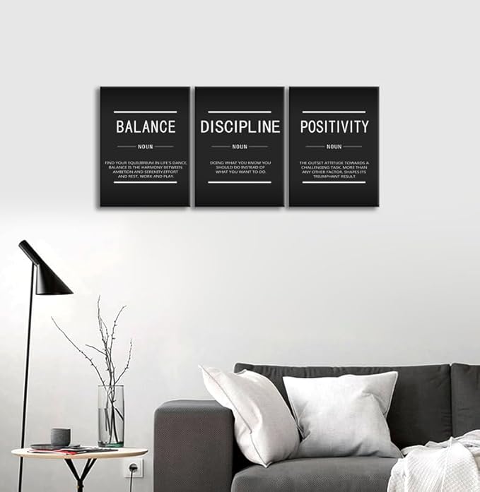 Inspirational Canvas Wall Art Balance Discipline Positivity Noun Painting Office Decor Inspiring 3 Pieces Posters Prints Motivational Picture for Wall Art Decor Living Room Gym Framed[36''Wx 16''H]