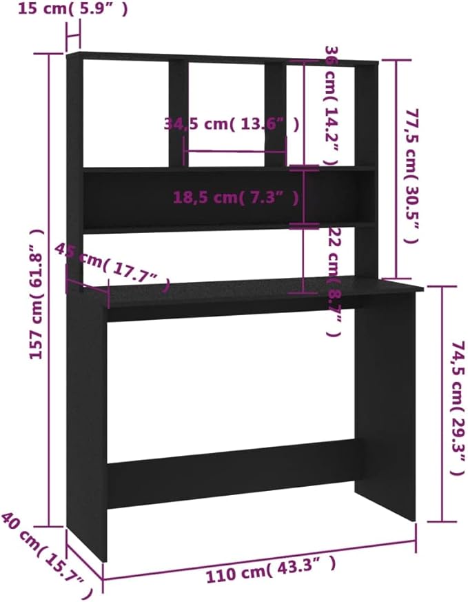 Modern Computer Desk Writing Study Table with Upper Cabinet, Home Office Student Table Laptop PC Writing Desk Home Office Writing Desk, Black 43.3"x17.7"x61.8"