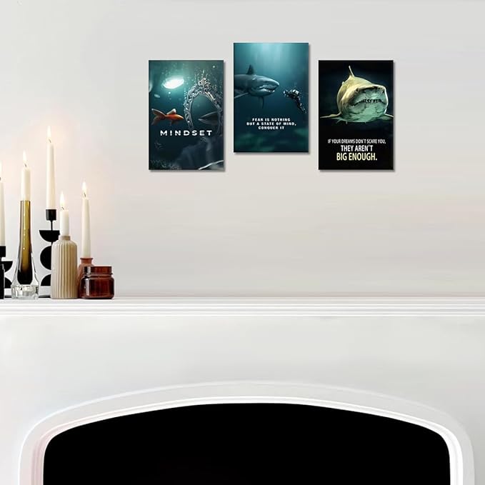 3 Piece Shark Wall Art - Framed Motivational Quotes Canvas Prints Inspirational Wall Decor for Living Room, Office & Home Decor, Ready to Hang (12x16 inx3)