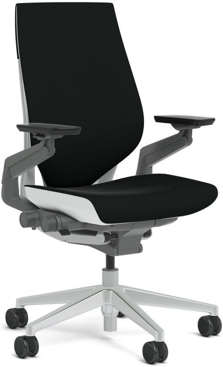 Steelcase Gesture Task Chair: Wrapped Back - Platinum Metallic Frame/Base/Seagull Accent - Roll Control Hard Floor Casters