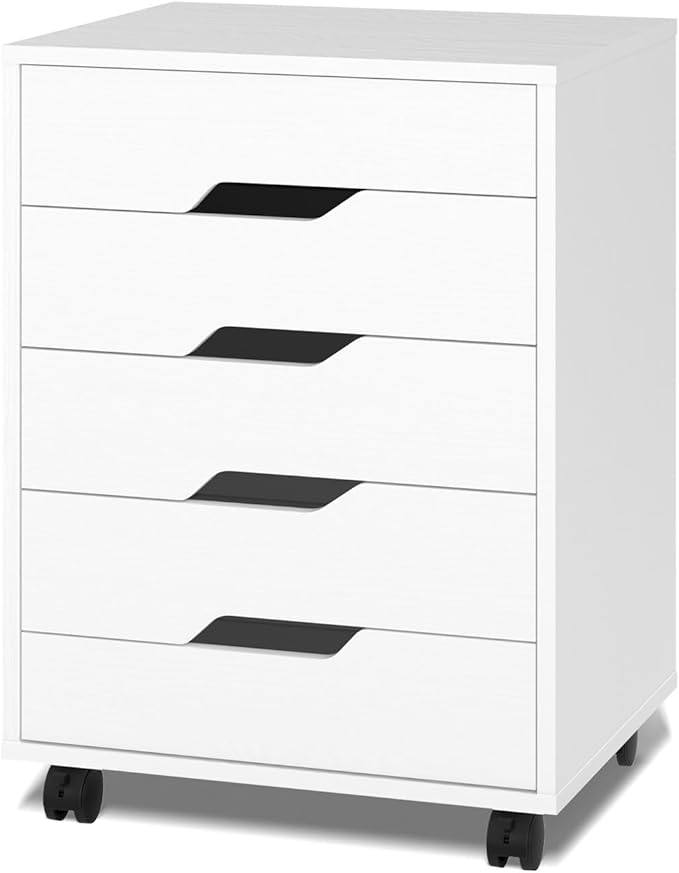 VINGLI 5 Drawers Rolling File Cabinet with Wheels, Under Desk Storage Organization, Vertical Filing Chest Mobile Wood Small Desk Printer Stand for Home Office, 19" W × 15.8" D × 25.6" H, White