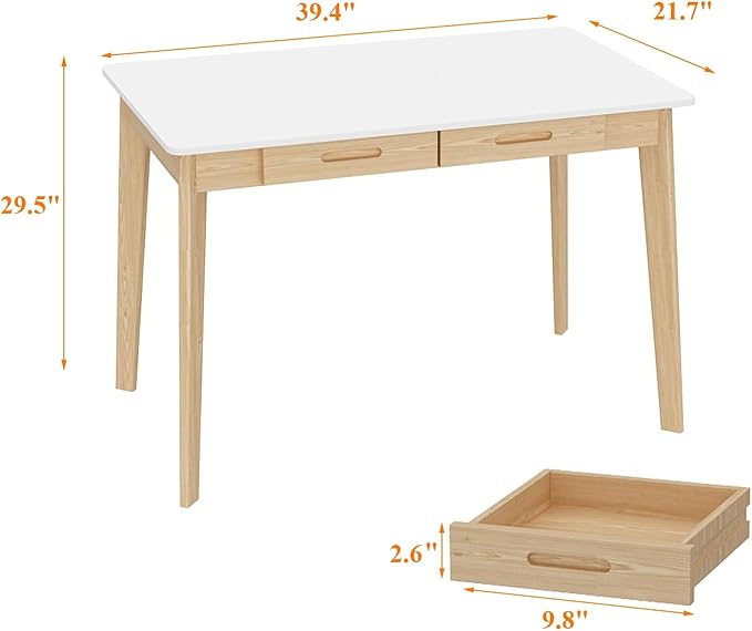 40 Inch Compact Computer Gaming Desk, White Study Work Office Desk with 2 Storage Drawers, Rectangular Study Reading Table, Simple Computer Writing Table for Home Office, Living Room