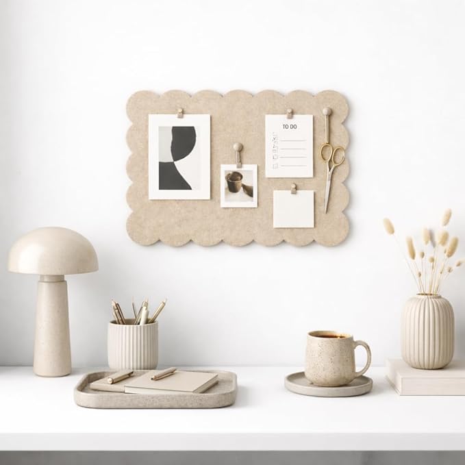 Orelle Scalloped Felt Bulletin Board | 23 x 15” | Foldable Peel and Stick Felt Board for Wall | Alternative Cork Board for Office, Message Board, Kids Art Display | Beige
