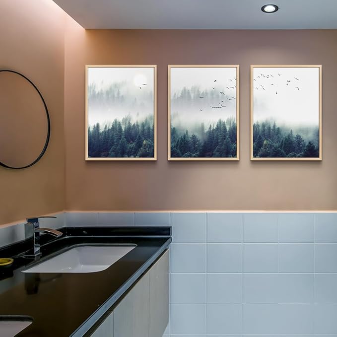 Framed Canvas Wall Art For Living Room-Wall Decorations For Bedroom Foggy Forest Trees Landscape Painting-Modern Home Decor Ready To Hang Wall Pictures Set of 3 Piece Natural Wood Framed Art Prints