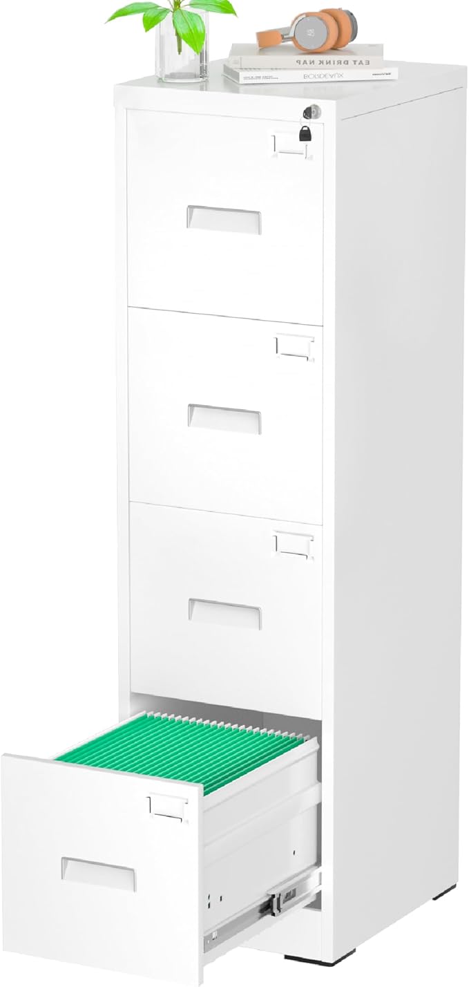 Greenvelly Metal 4 Drawer File Cabinet, Vertical File Cabinet with Lock, Locking Filing Cabinets for Home Office, Letter/Legal/A4/F4 Size/Anti-Tip (White)