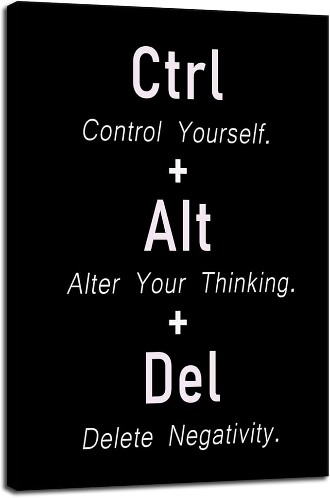 Motivational Poster CTRL ALT DEL Signs Inspirational Wall Decor Positive Mental Health Quotes Printed Canvas Poster For Office Home Bedroom Framed [12" W X 18" H]