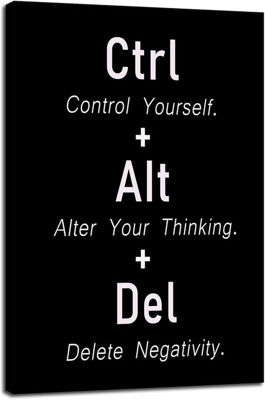 Motivational Poster CTRL ALT DEL Signs Inspirational Wall Decor Positive Mental Health Quotes Printed Canvas Poster For Office Home Bedroom Framed [12" W X 18" H]