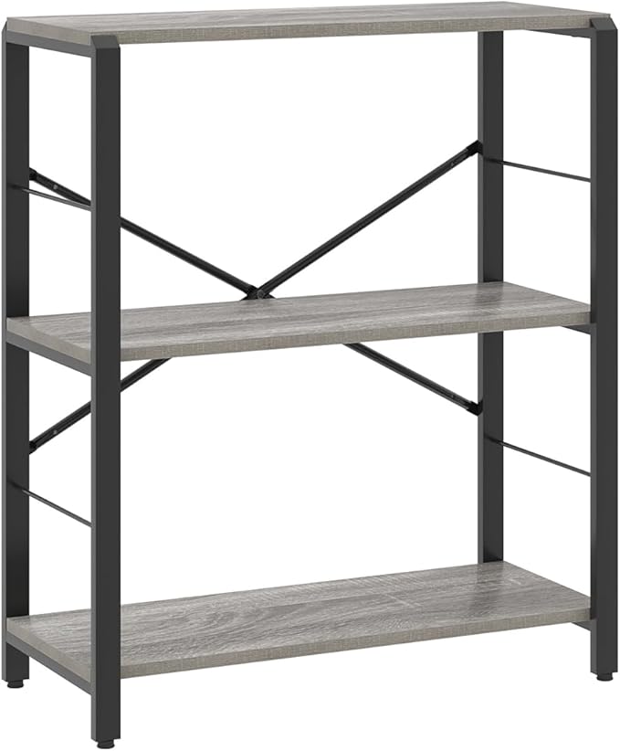FOLUBAN Small Bookshelf and Bookcase, 3 Tier Low Short Book Shelves, Rustic Wood and Metal Shelving Unit for Small Spaces, Bedroom Living Room, Light Grey