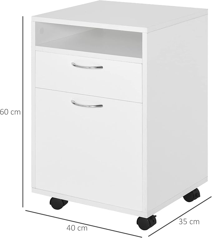 HOMCOM Rolling File Cabinet with Shelf, Office Container with Drawer, Office Cabinet, Storage Container for Office, Study, White, 40 x 35 x 60 cm