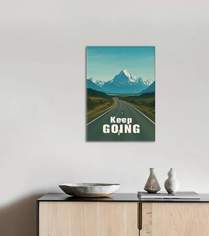 Keep Going Motivational Wall Art - Inspirational Road to Success Canvas Print, Mountain Landscape with Encouraging Quote, Modern Office Wall Decor for Home Gym Living Room, Framed 12x16 in