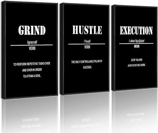 Drsoum Inspirational Office Framed Wall Art Motivational Grind Hustle Success Canvas Wall Decor Encouraging Quotes Sayings Paintings 3 Pieces Artwork Home Bedroom Easy to Hang 11x14in (Black Framed)
