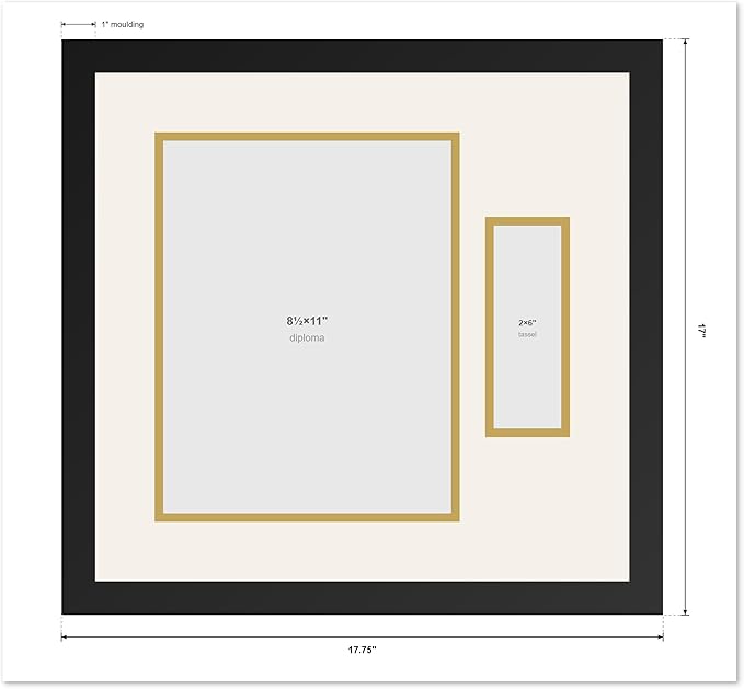 CountryArtHouse Diploma and Tassel Frame Fits 8.5 x 11 Certificate (Portrait) with Tassel Hook Natural Wood Genuine Hardwood Shadowbox with Black Over Metallic Gold Double mat