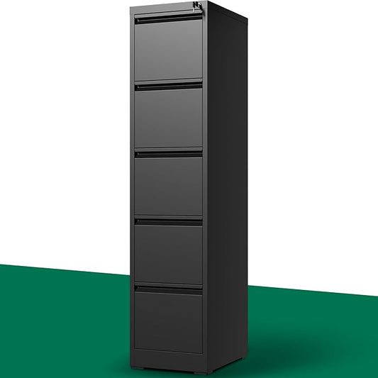 5 Drawer File Cabinet with Lock, Vertical Filing Cabinets for Home Office, Locking File Cabinet Hanging Files for A4/ Legal/Letter, Require Assembly, Black