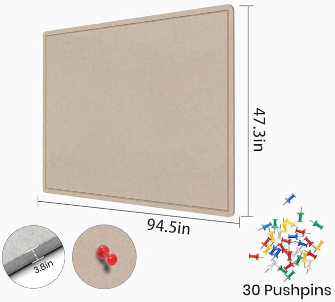 Extra Large Bulletin Board, 96 X 48 inches Cork Board with 30 Pushpin, 8' x 4' Felt Cork Board Notice Pin Board, Self-Adhesive Vision Board Mood Board Foldable Photo Board for Wall - Beige Brown