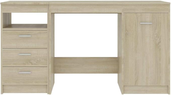 Modern Writing Computer Desk with 3 Drawers and 1 Door, Home Office Desk Writing Study Table PC Desk Workstation for Bedroom, Sonoma Oak 55.1"x19.7"x29.9" Engineered Wood(H)