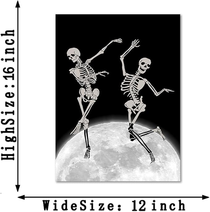 Skull Wall Art - Creative Skeletons Dancing on the Moon Canvas Prints Unique Gothic Wall Decor Funny Dark Humor Poster Spooky Home Decoration for Living Room Bedroom Office, Framed 12x16 in