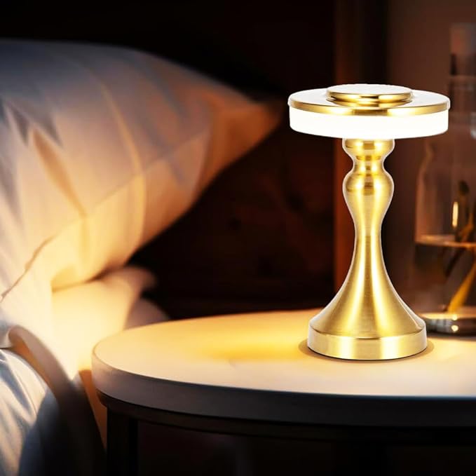 Portable Metal LED Table Lamp,3 Color Touch Sensor Control Rechargeable Desk Lamp,3-Levels Brightness Bedside Lamp,Night Light for Kids Nursery,Dining Room Lamp (Light Gold)