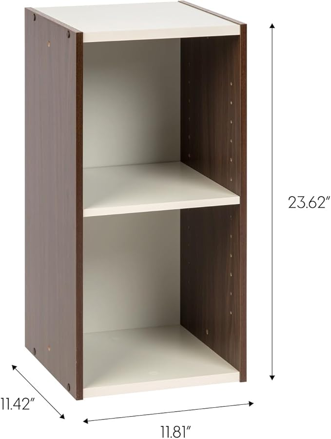 IRIS USA, Inc. 2-Tier Cubby Storage Bookshelf with Adjustable Shelves, 12" Width Stackable Easy Assembly Space Saving Shelving Unit Bookcase, Walnut Brown/White