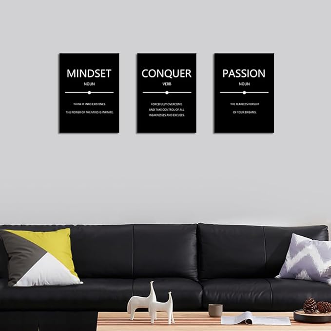 Unbruvo Motivational Wall Decor for Office, 3 Pieces Inspirational Canvas Wall Art, Mindset Passion Conquer Canvas Poster, Positive Quotes for Entrepreneur Meeting Room Lobby Bedroom(48''Wx 24''H)