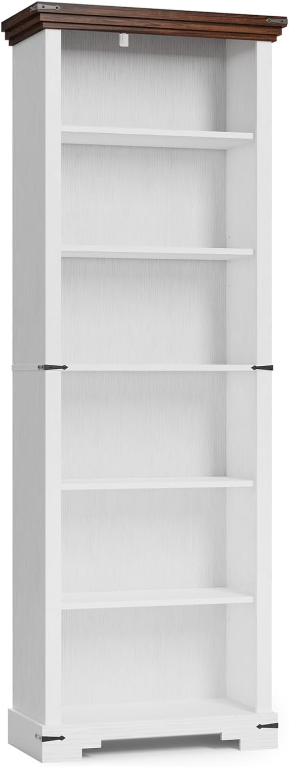 6-Tier Farmhouse Bookshelf, 73 inch Tall Book Shelf with Unique Design & 2 Adjustable Shelves, Wooden Bookshelf for Study Room, Living Room, Kitchen, Bedroom (White)